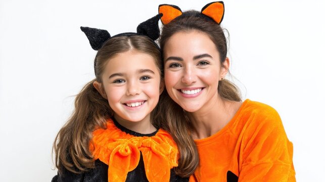 A joyful mother and daughter pose together wearing Halloween costumes. The daughter is dressed as a cat, and the mother wears an orange outfit, both smiling brightly in a well-lit studio.