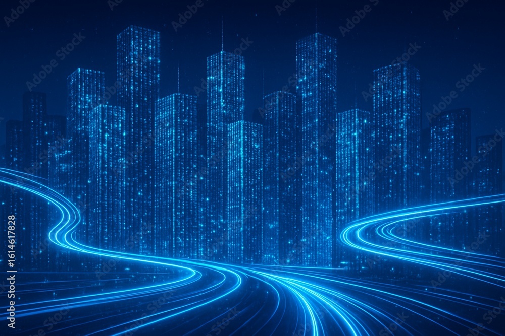 Poster 3d rendering of abstract highway path through digital binary towers in city. concept of big data, ma