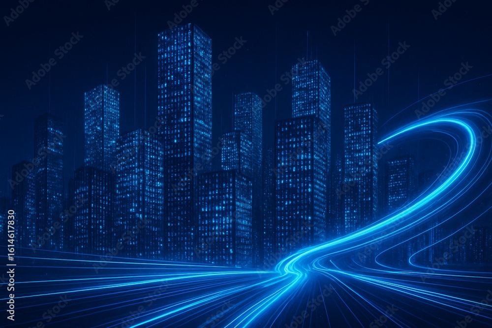 Poster 3d rendering of abstract highway path through digital binary towers in city. concept of big data, ma