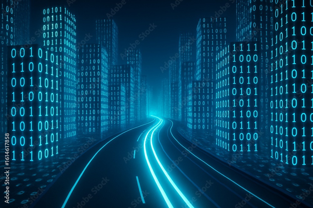 Poster 3d rendering of abstract highway path through digital binary towers in city. concept of big data, ma