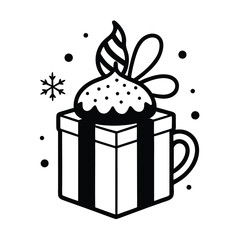 Cozy winter hot cocoa gift box line art illustration