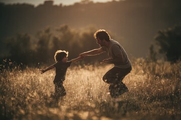 Father and son enjoy an afternoon of playful laughter in a sunlit field during golden hour
