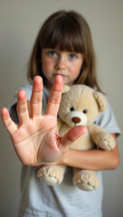 A young girl holding a teddy bear, extending her hand to signal stop, with a serious expression. The image reflects themes of childhood, protection, and boundaries. 
