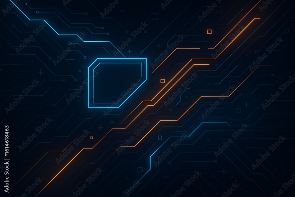 Poster 3d rendering of abstract digital sci fi techno circuit node with depth of field effect. dots, lines 