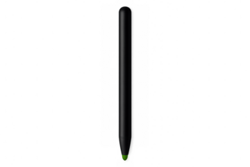 Black stylus pen with green tip pointing down on transparent background