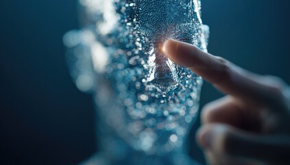 A fingertip gently touches a translucent, data-formed human face, glowing softly