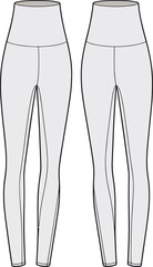cad drawing flat vector illustration, high rise seamless leggings, front and back view, fitness fashion sketch, apparel technical template