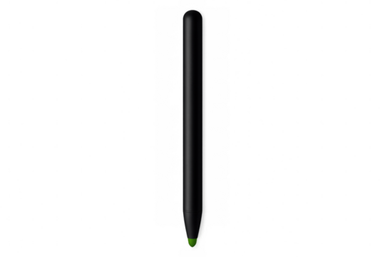 Black stylus pen with green tip pointing down on transparent background