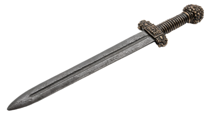 Ancient viking sword with ornate hilt isolated on transparent background