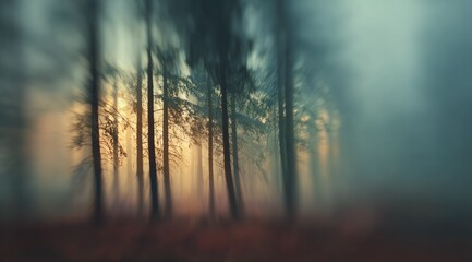 Obraz premium A misty forest scene at sunset, with tall, slender trees silhouetted against a hazy, warm-toned sky. The focus is soft, creating a dreamy, atmospheric effect