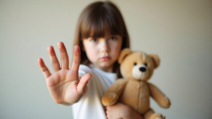 A young child with a stern expression holding a teddy bear and displaying a stop gesture with their hand.