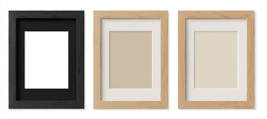Three empty picture frames, black, light, and dark wood