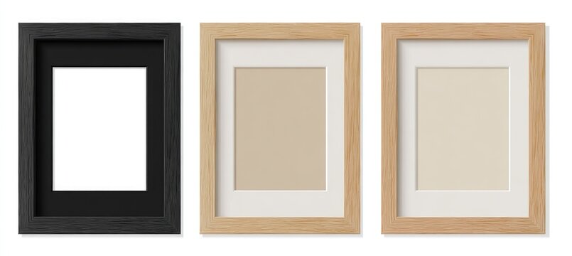 Three empty picture frames, black, light, and dark wood