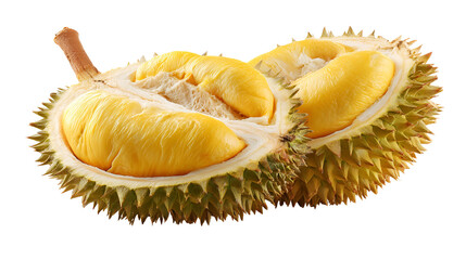 Obraz premium Fresh durian fruit with yellow pulp isolated on transparent background