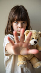 A young girl holds a teddy bear and makes a stop gesture. She's standing in front of neutral colored background, the shot conveys a sense of protectiveness and concern. 