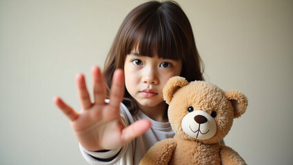 A young child makes a stop gesture, holding a teddy bear while looking at the camera with a serious expression
