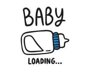 Baby loading lettering with milk bottle cartoon emblem or poster