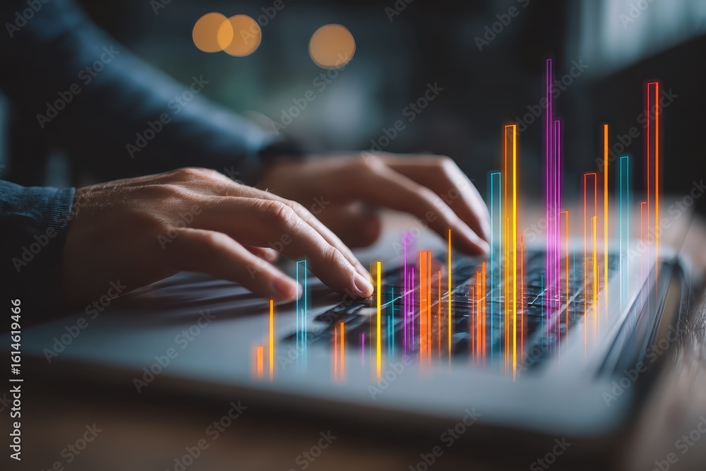 Poster person types on laptop keyboard while analyzing performance graphs in a modern workspace during dayt