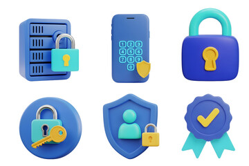 3D mobile security and data protection icon set – smartphone password, shield, lock, privacy, digital safety

