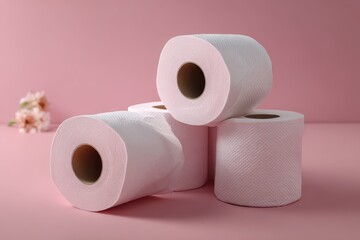 Rolls of toilet paper displayed on a soft pink background creating a simple and clean aesthetic suitable for home decor or product marketing