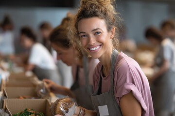 Happy female volunteer packs nutritious lunches for community members at a local food drive event during the afternoon