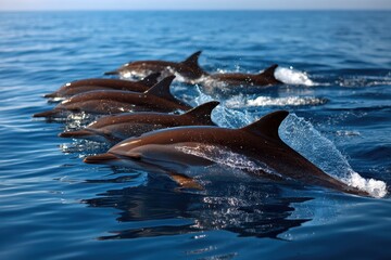 Fototapeta premium Pod of marine mammals swimming gracefully in the clear blue ocean under a bright sky during a sunny day