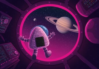 Cute onigiri astronaut gazing at saturn through a pink portal