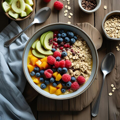 Clean food Healthy breakfast bowl on wooden table, top view, natural light