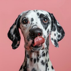 Dalmatian dog licking nose