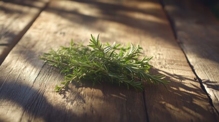 Fresh rosemary sprigs on a rustic wooden cutting board, morning light casting soft shadows