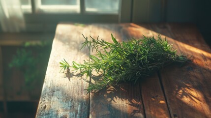 Fresh rosemary sprigs on a rustic wooden cutting board, morning light casting soft shadows