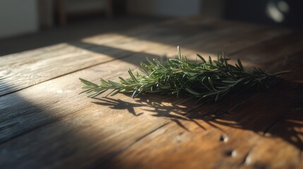 Fresh rosemary sprigs on a rustic wooden cutting board, morning light casting soft shadows