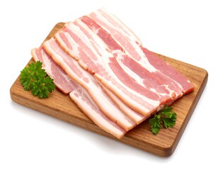 Slices of raw bacon on a wooden cutting board
