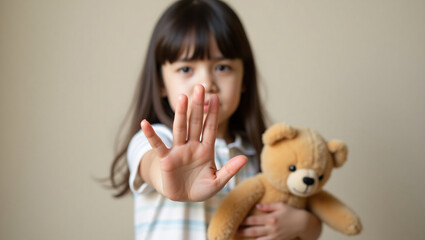 A young child holding a teddy bear extends a hand in a gesture of protection