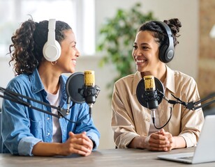 Two women podcasting, smiling, engaged in conversation