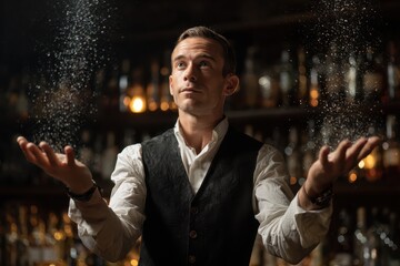 Professional bartender demonstrates impressive bottle juggling skills while shaking cocktails in a lively bar setting during the evening