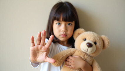 A young girl holding a teddy bear, making a stop gesture, with a serious expression. The teddy bear and her gesture creates an impactful message