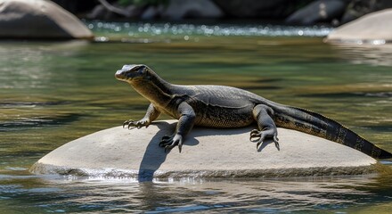 A monitor lizard resting on a rock in a river with clear water and rocks in the background on a sunny day