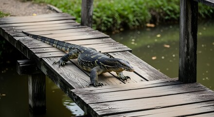 A monitor lizard walking across a wooden bridge over water in a natural outdoor setting scene view