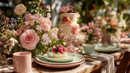 Fototapeta premium Radiant Pink Floral Composition with Textured Tableware – Immersive Visual for Sustainable Wellness and Digital Lifestyle Campaigns