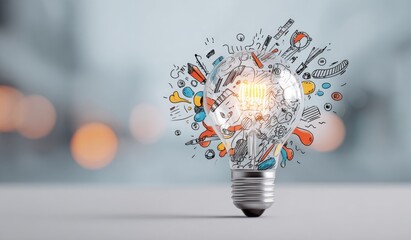 Illuminated lightbulb filled with colorful sketched ideas, sitting on a light surface against a blurred background
