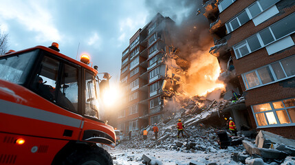 Emergency rescue operation following building explosion urban area news footage daylight dramatic scene public safety
