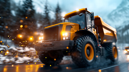Dynamic construction vehicle action in mountainous landscape digital art captivating environment close-up view for engaging visuals
