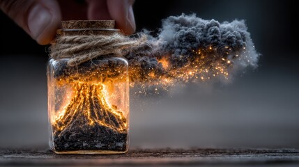 A glass vial containing a dramatic explosion against a blurred dark background.