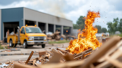 Fire incident at construction site blaze engulfs debris emergency response urban environment close-up safety concerns