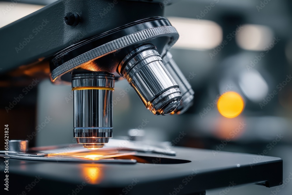 Poster closeup view of a contemporary professional microscope showing detailed optics and illumination syst