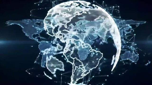 Global network rotating Earth, dark background, digital connections