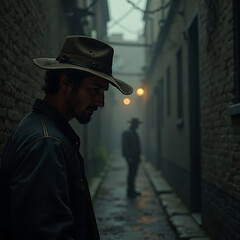 Pensive Man in Hat Standing in a Dark Alleyway