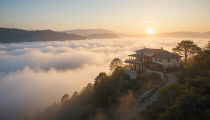 Hilltop villa surrounded by mist, sunrise glow, luxurious escape into clouds
