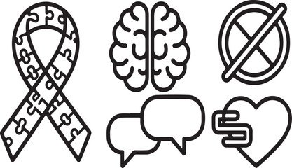 Hand-Drawn Neurodivergence Awareness Icons Autism Puzzle Ribbon, Brain Gears, Eye Contact Symbol, Speech Bubble, Heart and Mind Connection